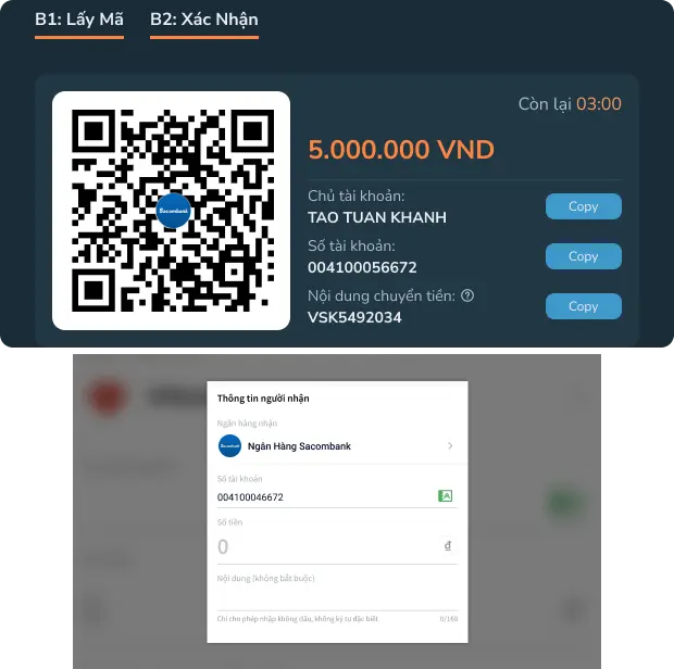 Copy và dán vào phần Số Tài Khoản trong ứng dụng ngân hàng.